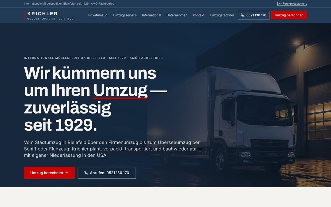 Webseite von Krichler Umzugs-Logistik — von P&R Studio gebaut